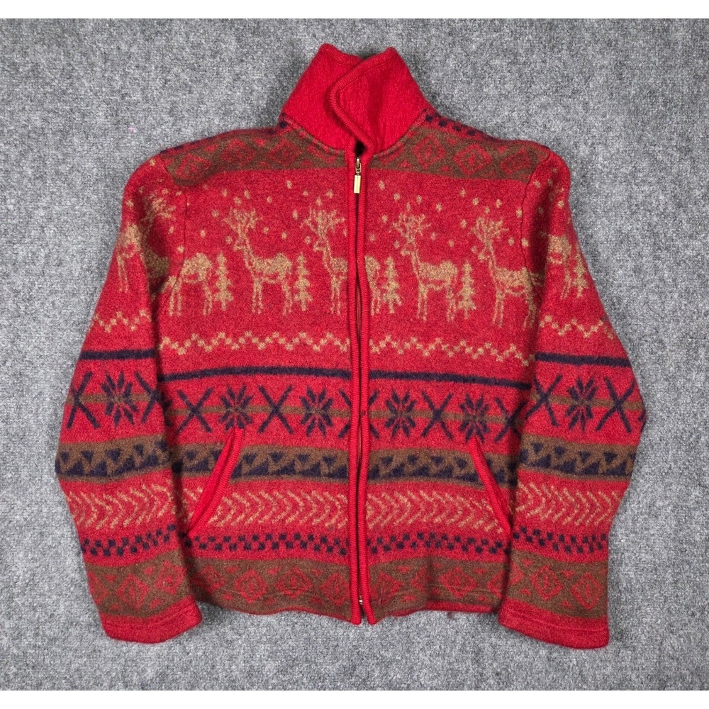 Venezia Jeans Wool Jacket Womens 22/24 Red Fair Isle Reindeer Full Zip Vintage